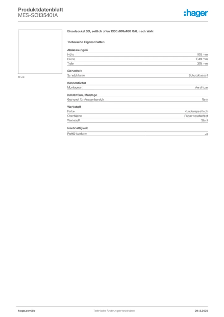 Bild Hager Produktdatenblatt MES-SO135401A | Hager Deutschland