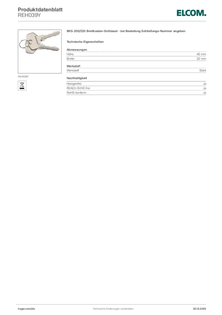 Bild Elcom Produktdatenblatt REH039Y | Hager Deutschland