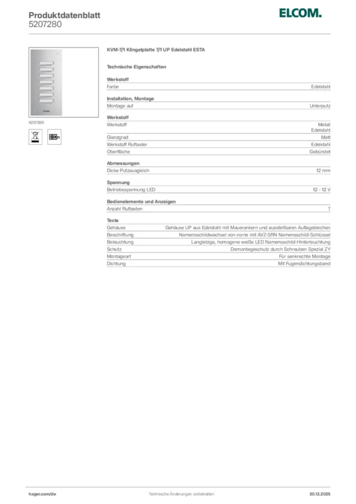 Bild Elcom Produktdatenblatt 5207280 | Hager Deutschland