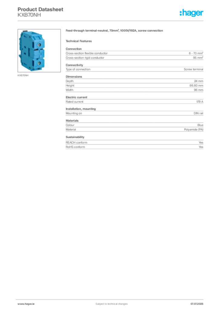 Image Hager Product data sheet KXB70NH  | Hager
