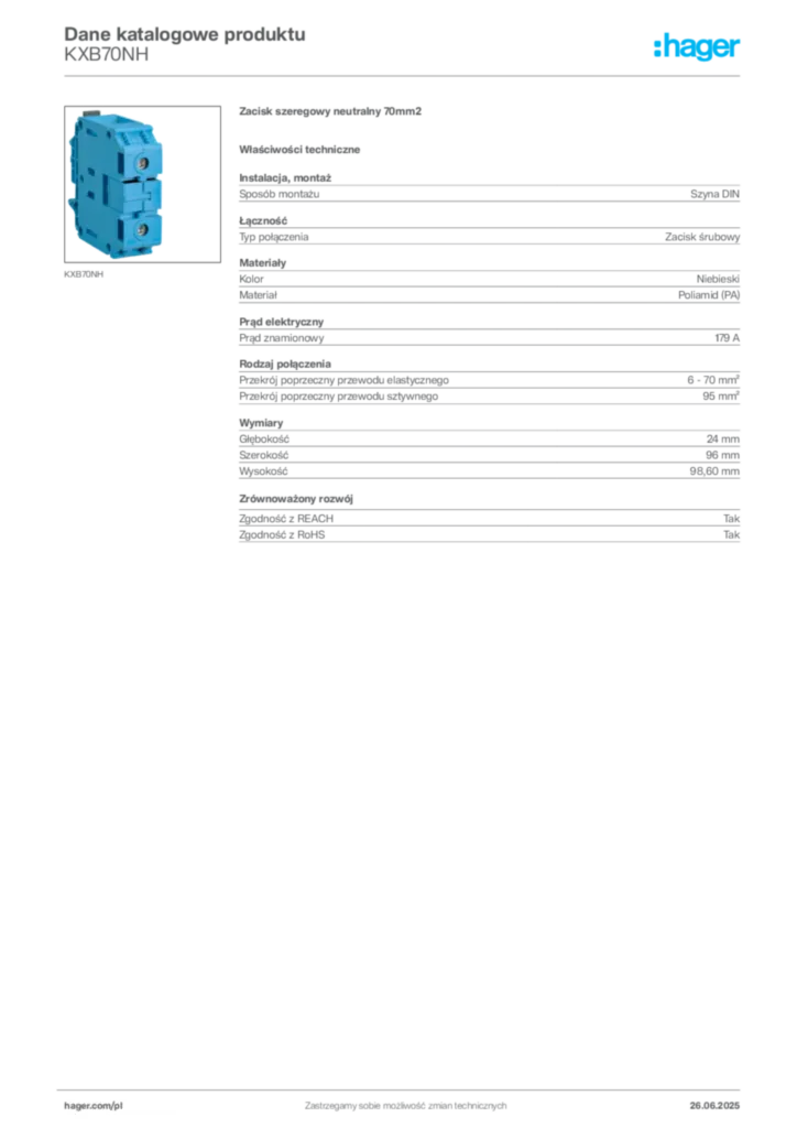Zdjęcie Hager Karta katalogowa KXB70NH | Hager Polska