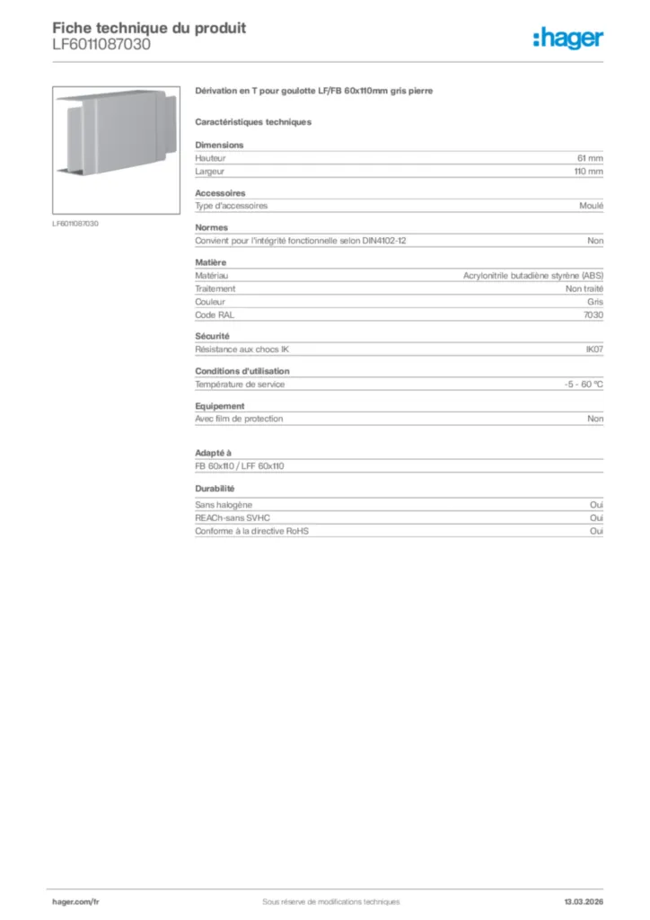 Image Hager Fiche technique du produit LF6011087030 | Hager France