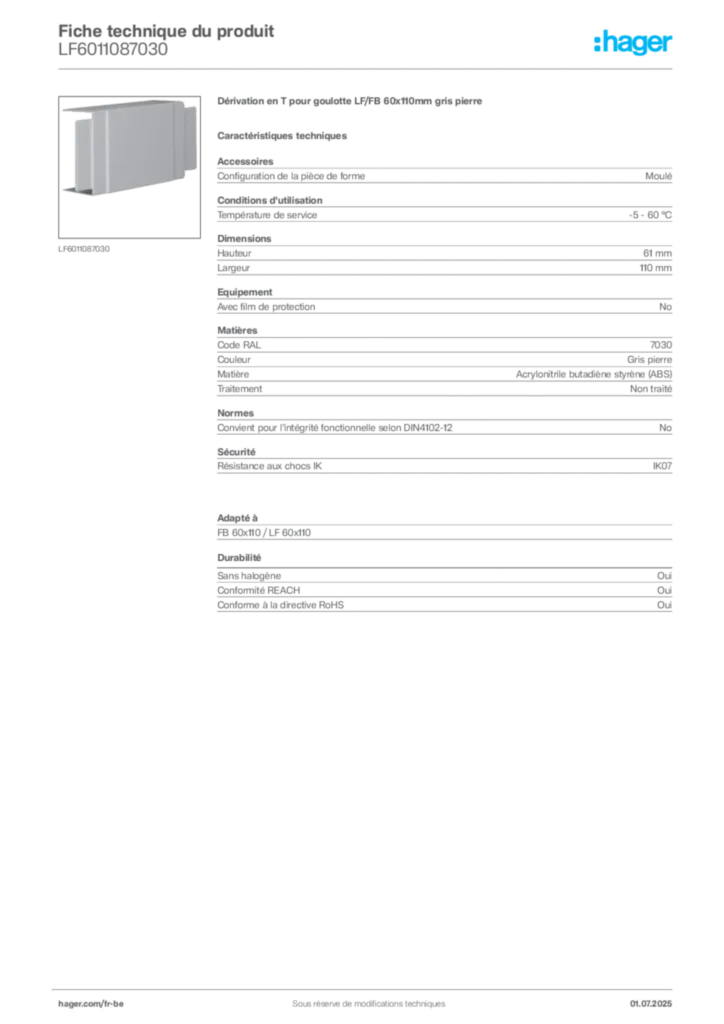 Image Hager Fiche technique du produit LF6011087030 | Hager Belgique