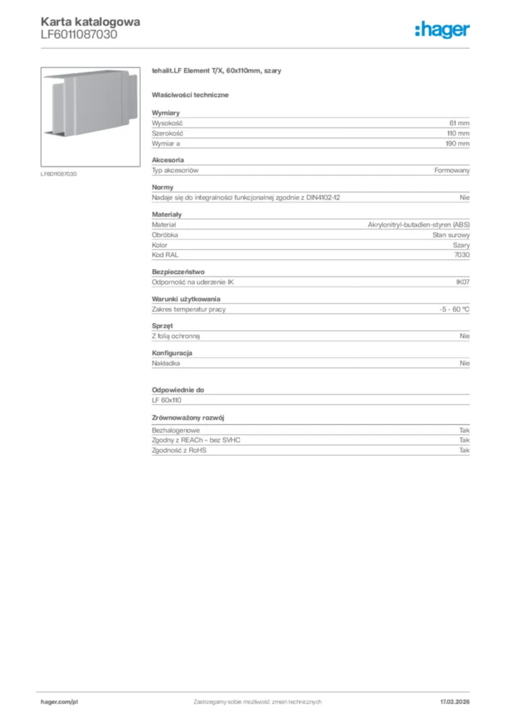 Zdjęcie Hager Karta katalogowa LF6011087030 | Hager Polska