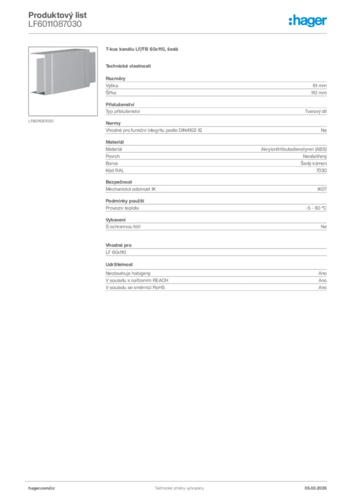 Obrázek Hager Product data sheet LF6011087030 | Hager