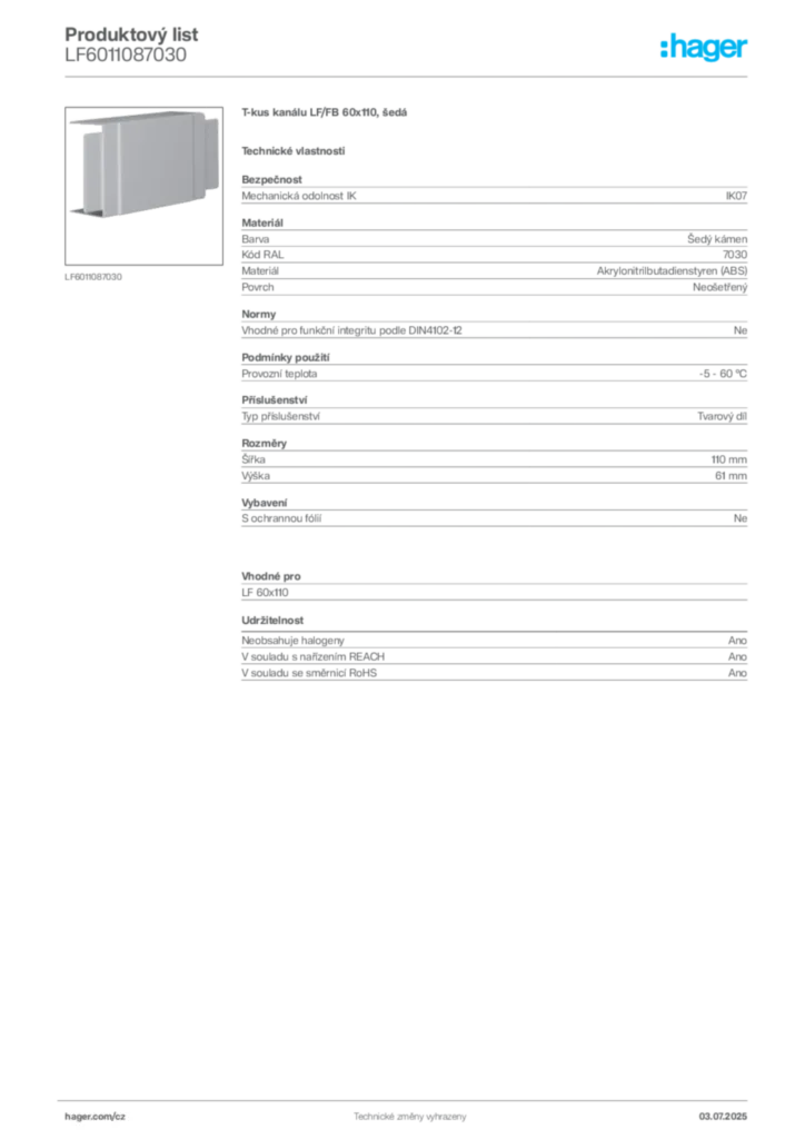Obrázek Hager Produktový list LF6011087030 | Hager