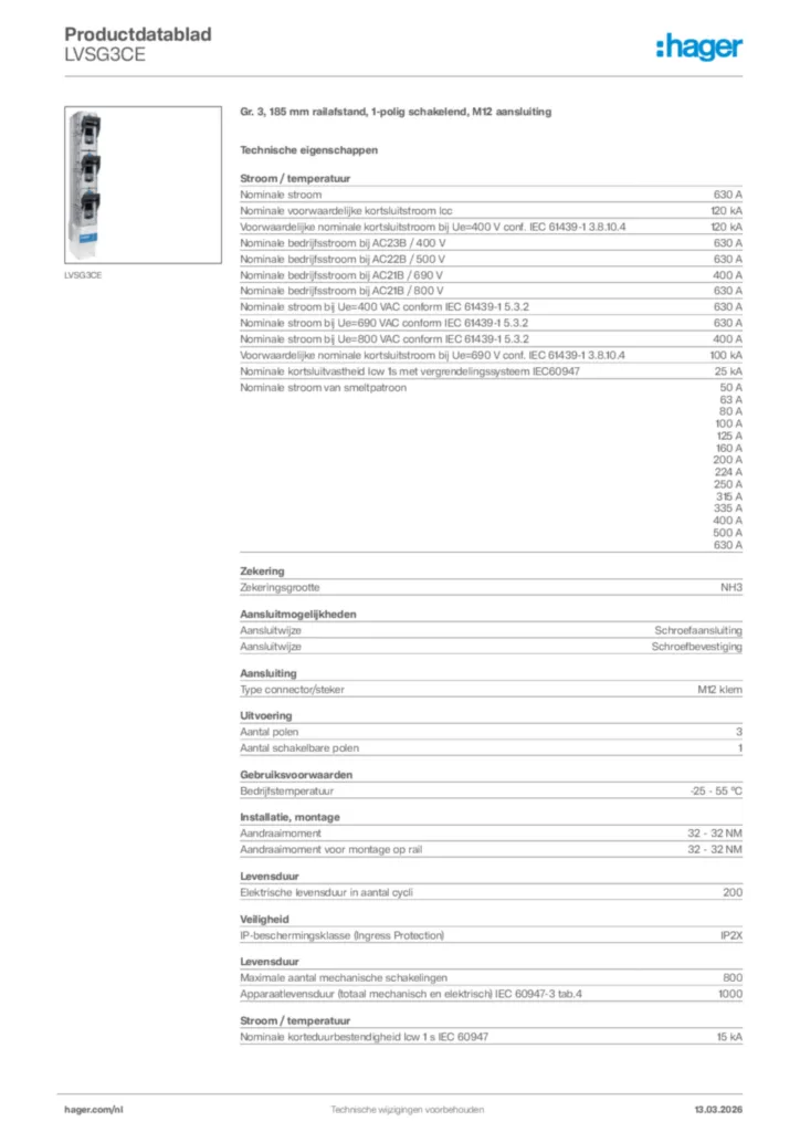 Afbeelding Hager Productdatablad LVSG3CE | Hager Nederland
