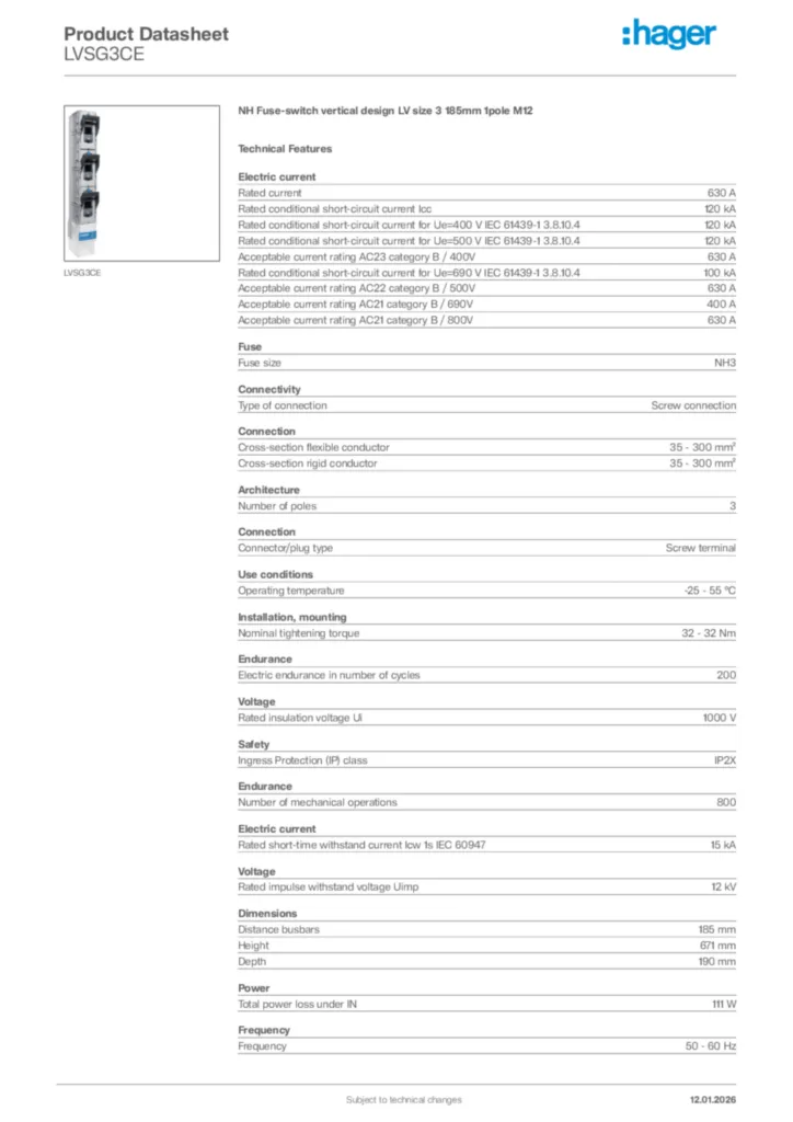Image Hager Product data sheet LVSG3CE  | Hager