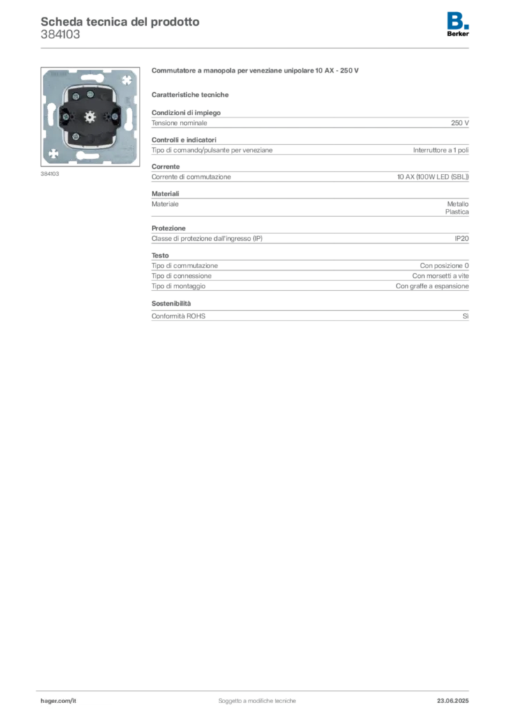 Immagine Berker Scheda tecnica del prodotto 384103 | Hager Italia