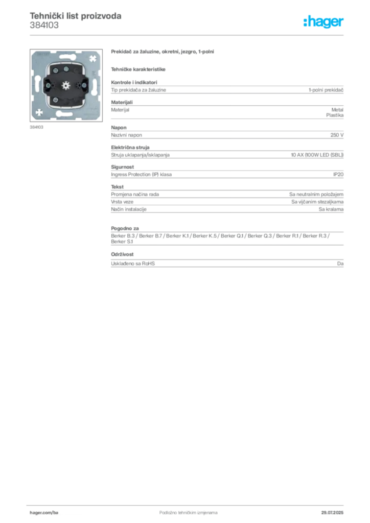 Slika Hager Product data sheet 384103  | Hager