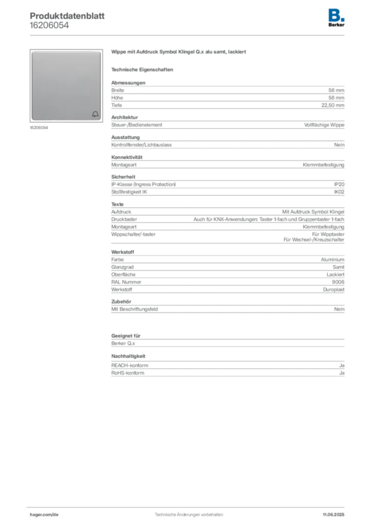 Bild Berker Produktdatenblatt 16206054 | Hager Deutschland