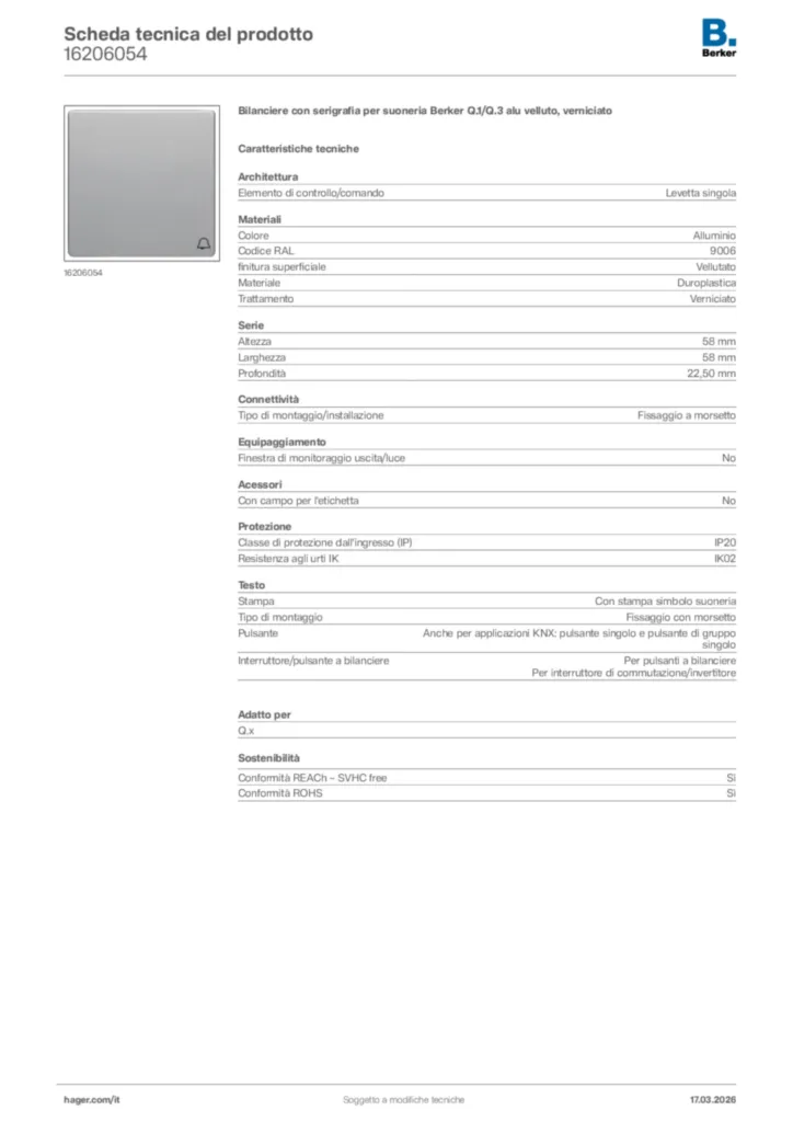 Immagine Berker Scheda tecnica del prodotto 16206054 | Hager Italia