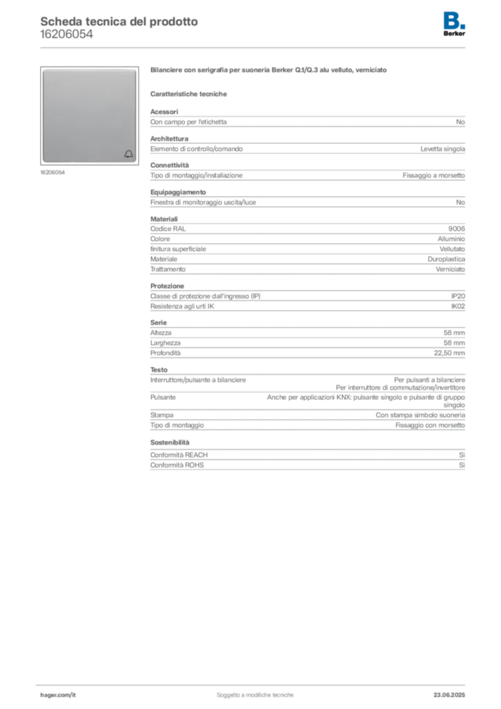 Immagine Berker Scheda tecnica del prodotto 16206054 | Hager Italia