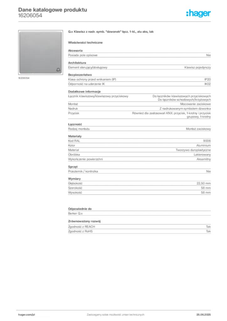 Zdjęcie Hager Karta katalogowa 16206054 | Hager Polska