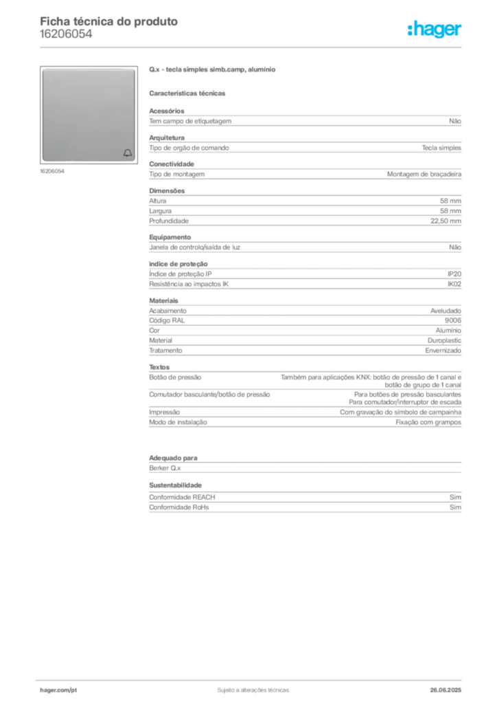Imagem Hager Ficha técnica do produto 16206054 | Hager Portugal