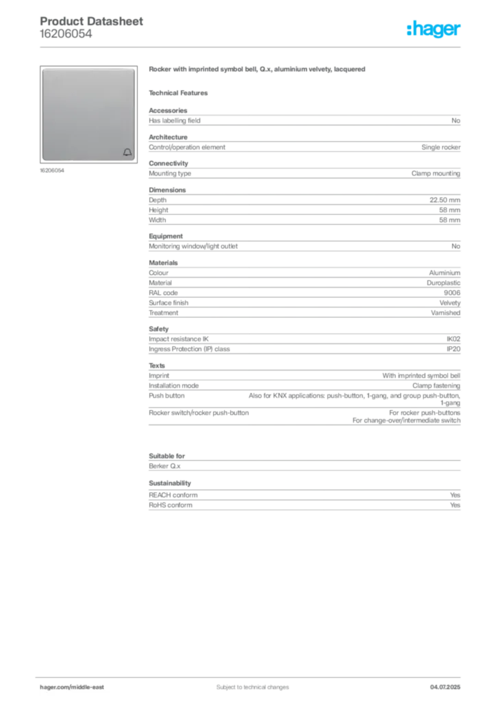 Image Hager Product data sheet 16206054  | Hager