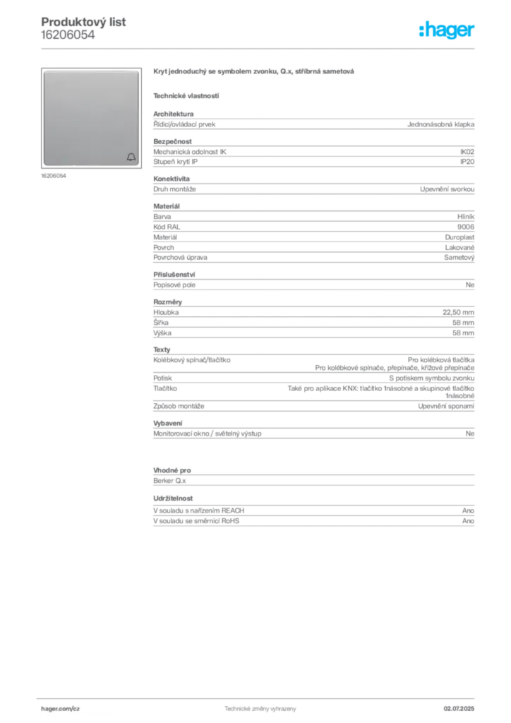 Obrázek Hager Produktový list 16206054 | Hager