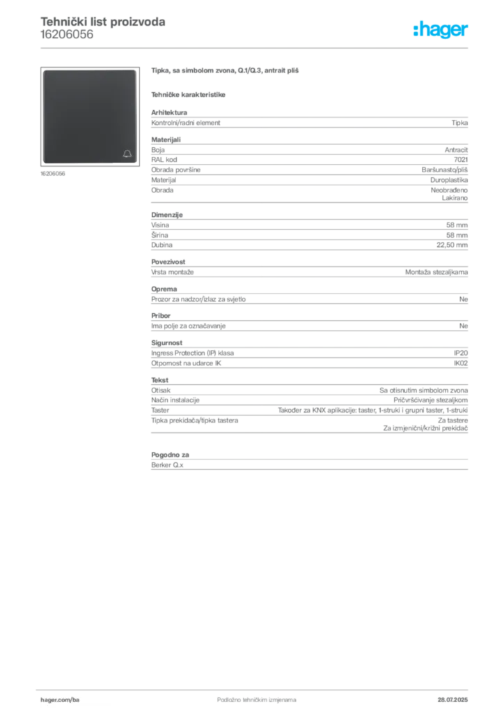 Slika Hager Product data sheet 16206056  | Hager