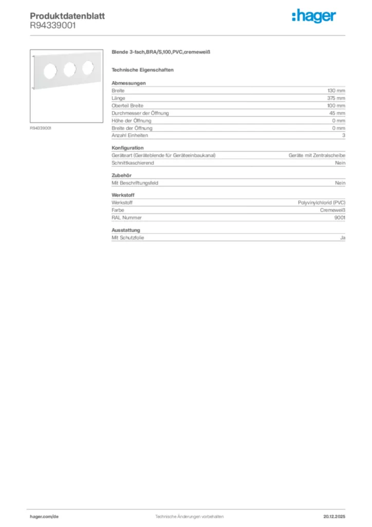 Bild Hager Produktdatenblatt R94339001 | Hager Deutschland
