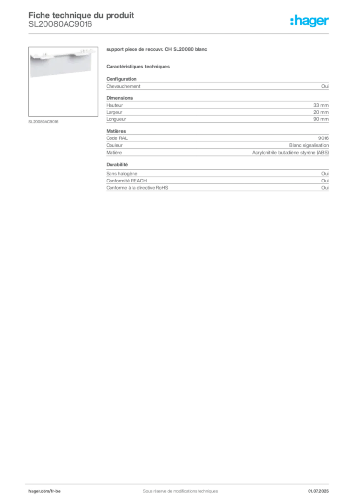 Image Hager Fiche technique du produit SL20080AC9016 | Hager Belgique