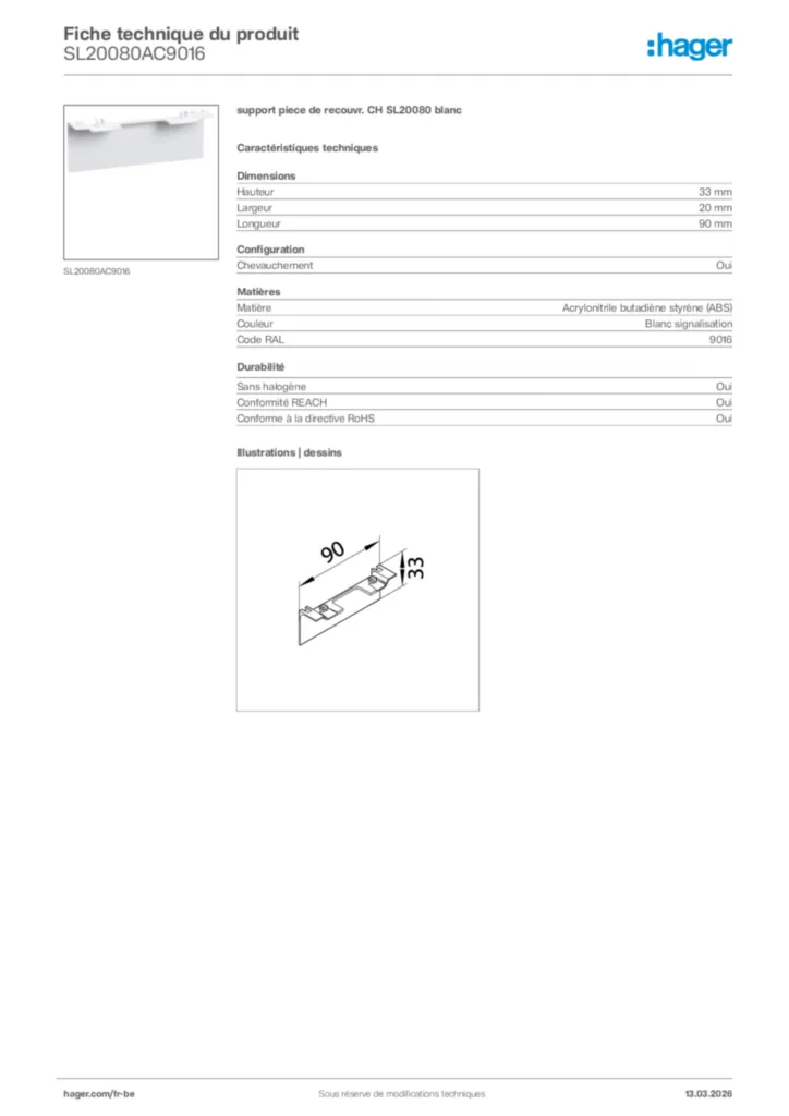 Image Hager Fiche technique du produit SL20080AC9016 | Hager Belgique