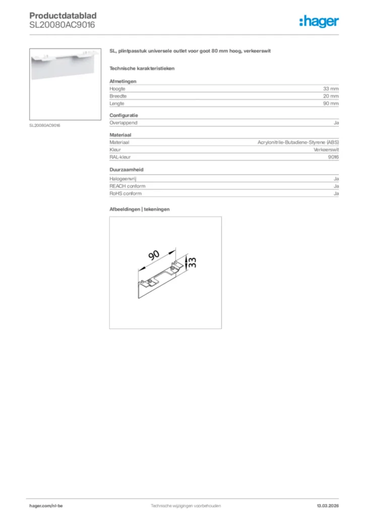 Afbeelding Hager Productdatablad SL20080AC9016 | Hager Belgium