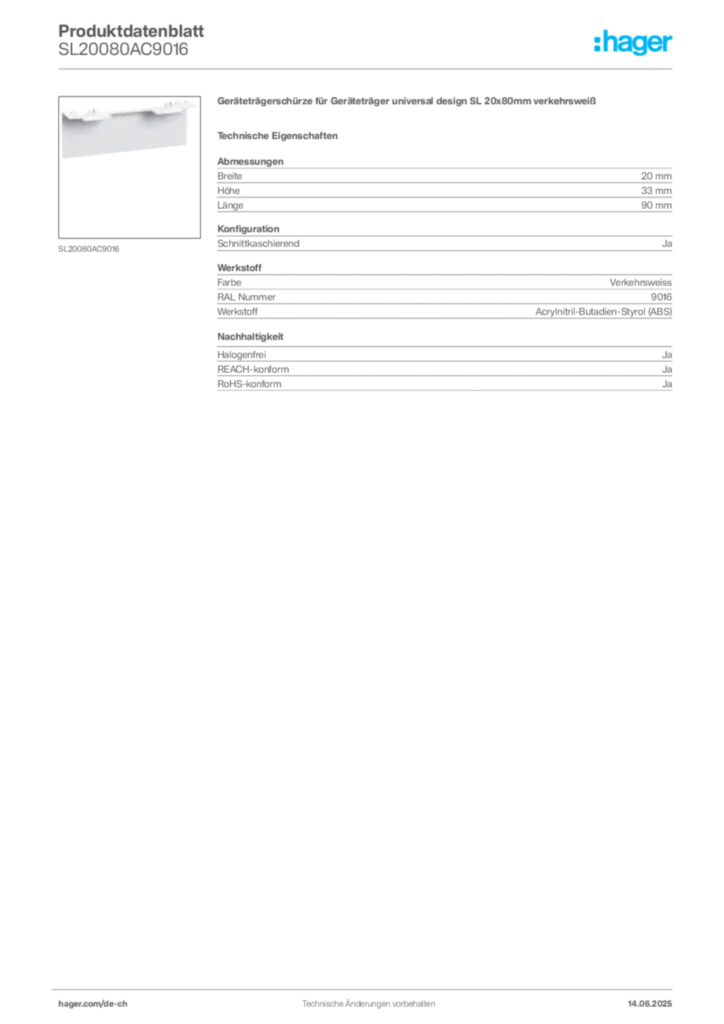 Bild Hager Produktdatenblatt SL20080AC9016 | Hager Schweiz