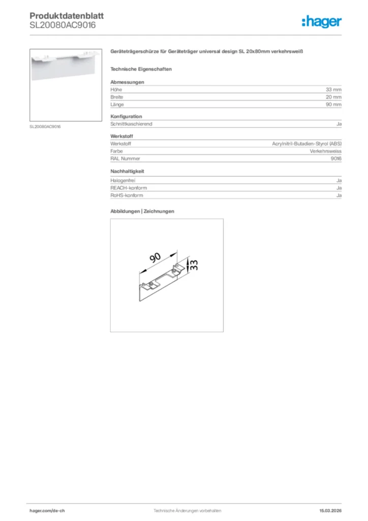 Bild Hager Produktdatenblatt SL20080AC9016 | Hager Schweiz