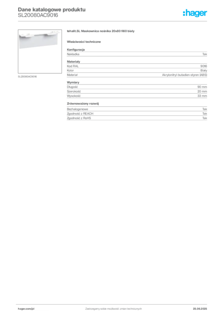 Zdjęcie Hager Karta katalogowa SL20080AC9016 | Hager Polska