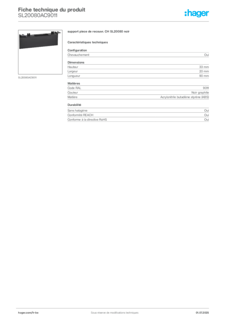 Image Hager Fiche technique du produit SL20080AC9011 | Hager Belgique