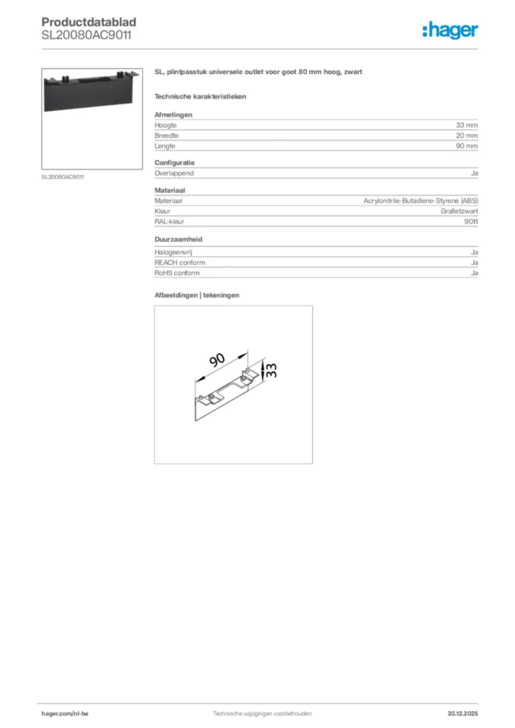 Afbeelding Hager Productdatablad SL20080AC9011 | Hager Belgium