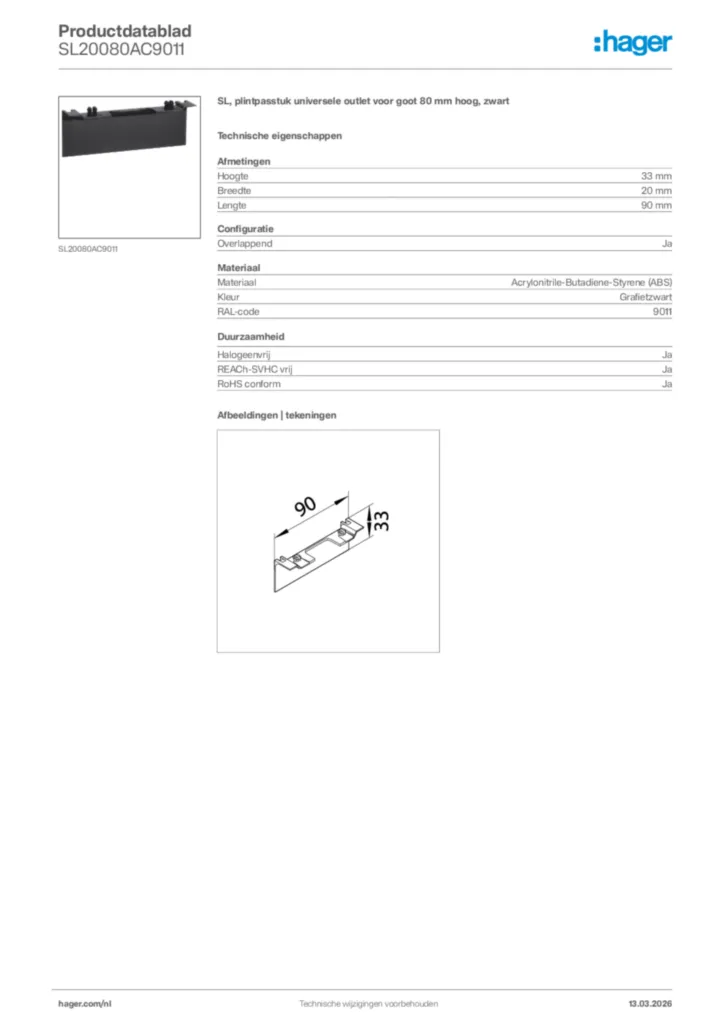 Afbeelding Hager Productdatablad SL20080AC9011 | Hager Nederland
