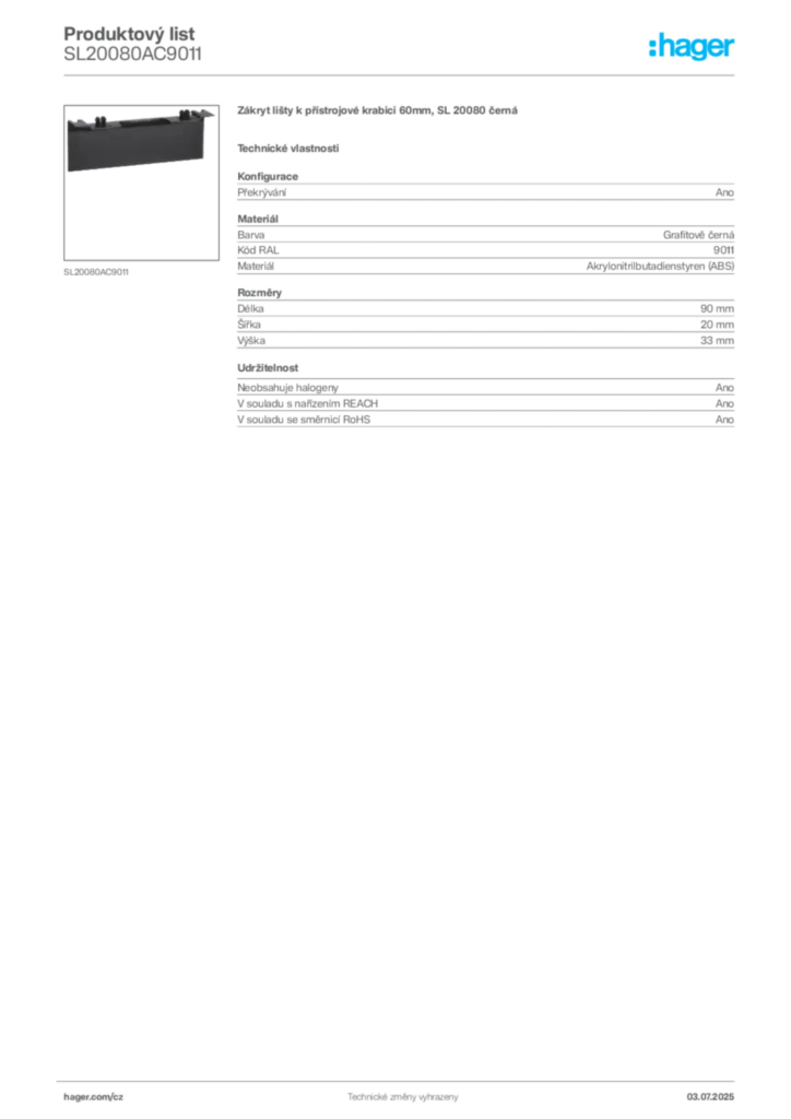 Obrázek Hager Produktový list SL20080AC9011 | Hager