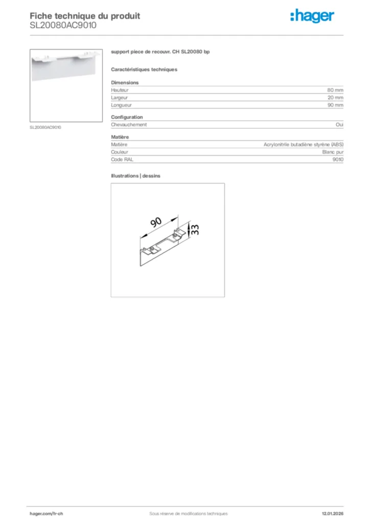 Image Hager Fiche technique du produit SL20080AC9010 | Hager Suisse