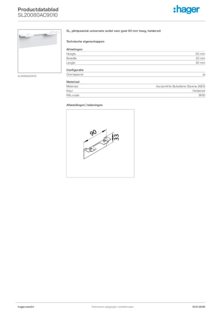 Afbeelding Hager Productdatablad SL20080AC9010 | Hager Nederland
