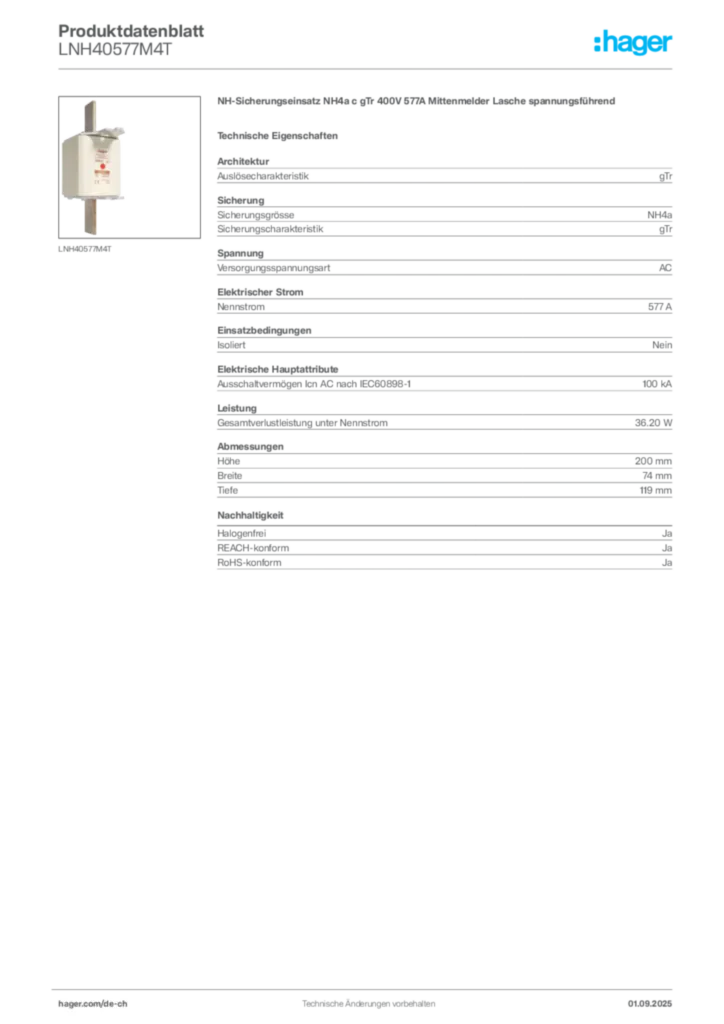 Bild Hager Produktdatenblatt LNH40577M4T | Hager Schweiz
