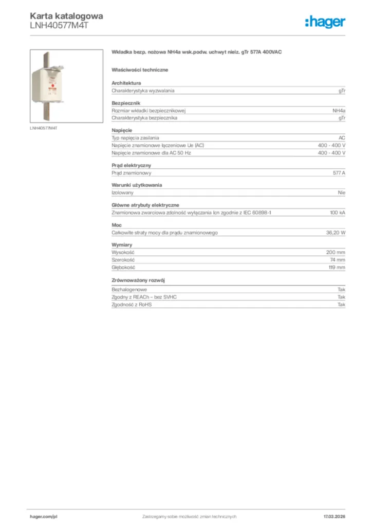 Zdjęcie Hager Karta katalogowa LNH40577M4T | Hager Polska