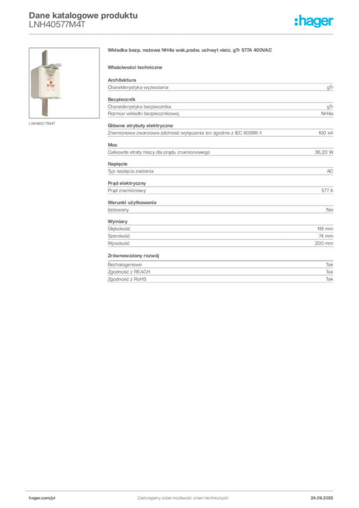 Zdjęcie Hager Karta katalogowa LNH40577M4T | Hager Polska