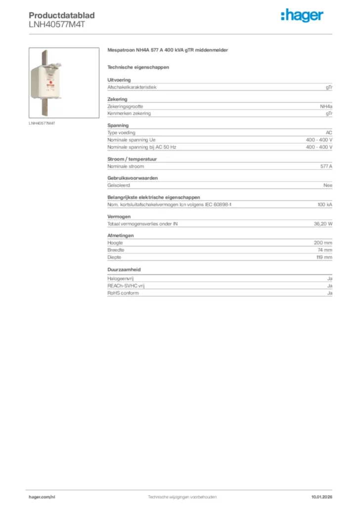 Afbeelding Hager Productdatablad LNH40577M4T | Hager Nederland