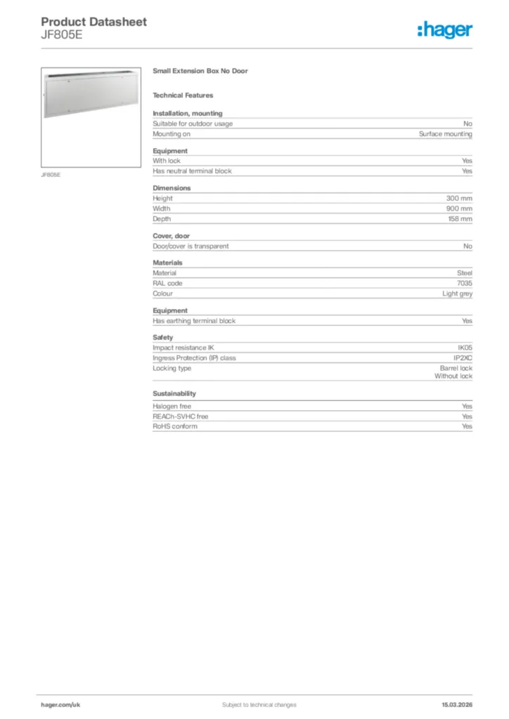 Image Hager Product data sheet JF805E  | Hager