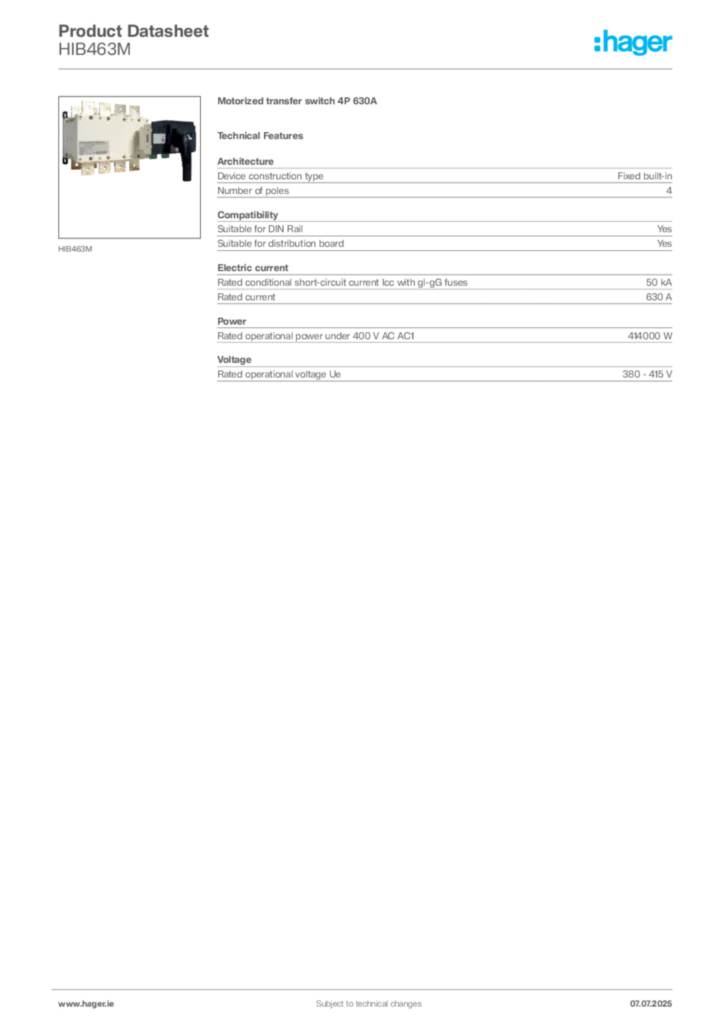 Image Hager Product data sheet HIB463M  | Hager