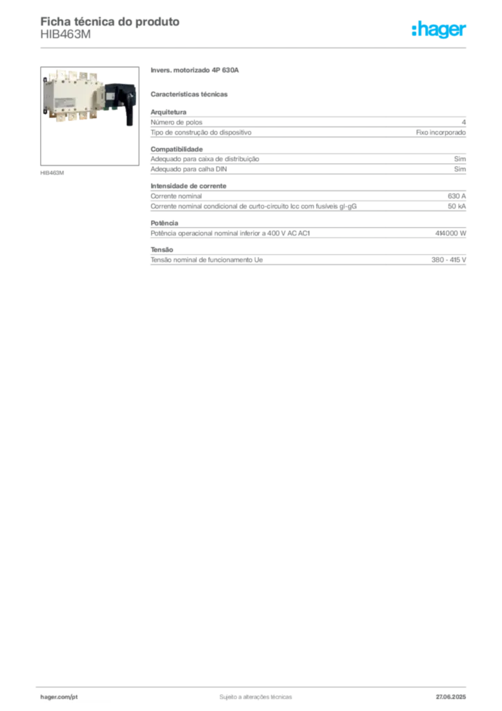 Imagem Hager Ficha técnica do produto HIB463M | Hager Portugal