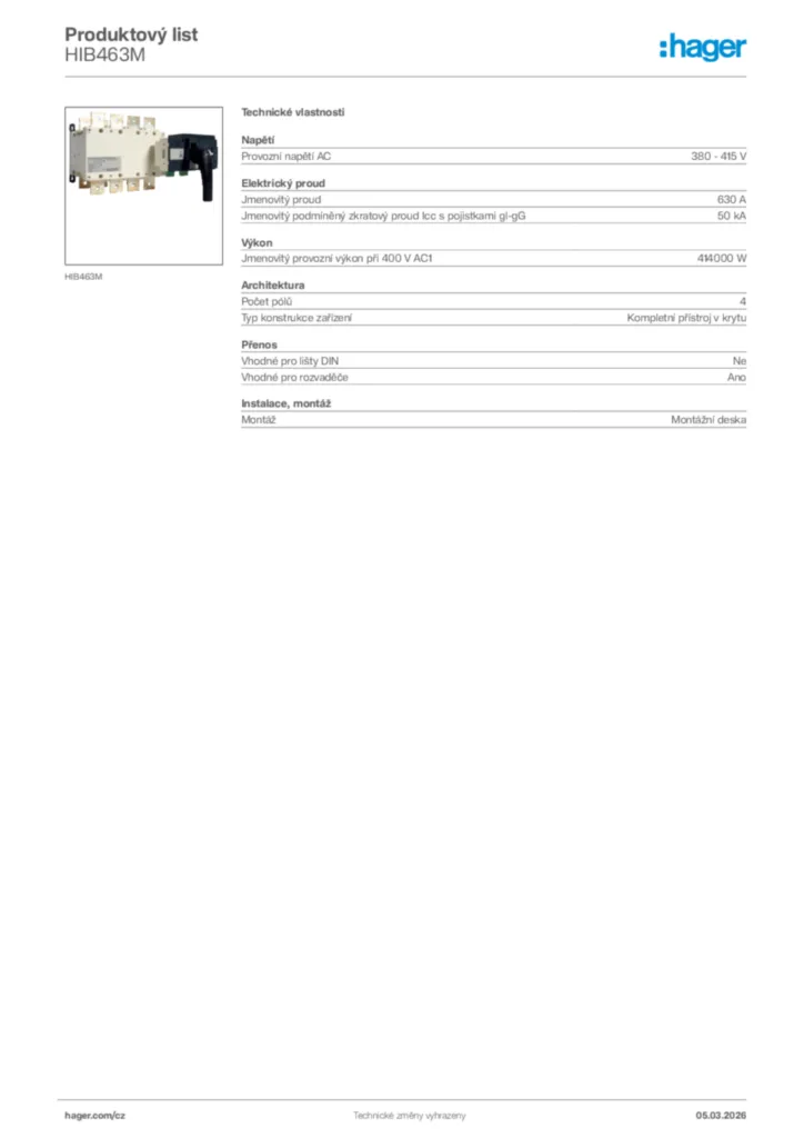 Obrázek Hager Product data sheet HIB463M | Hager