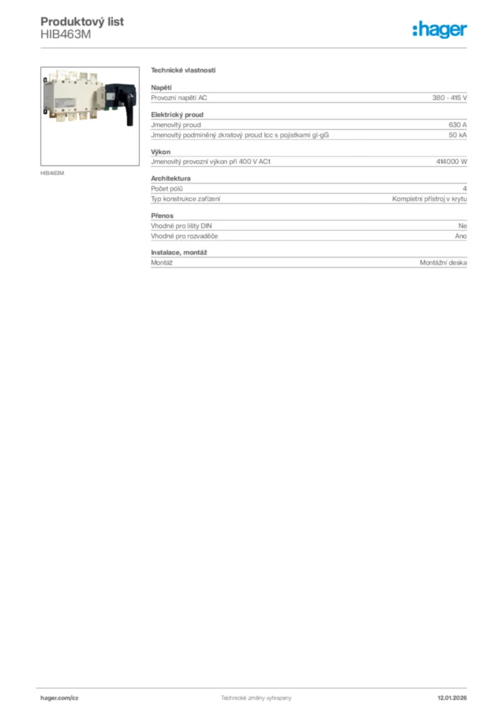 Obrázek Hager Product data sheet HIB463M | Hager