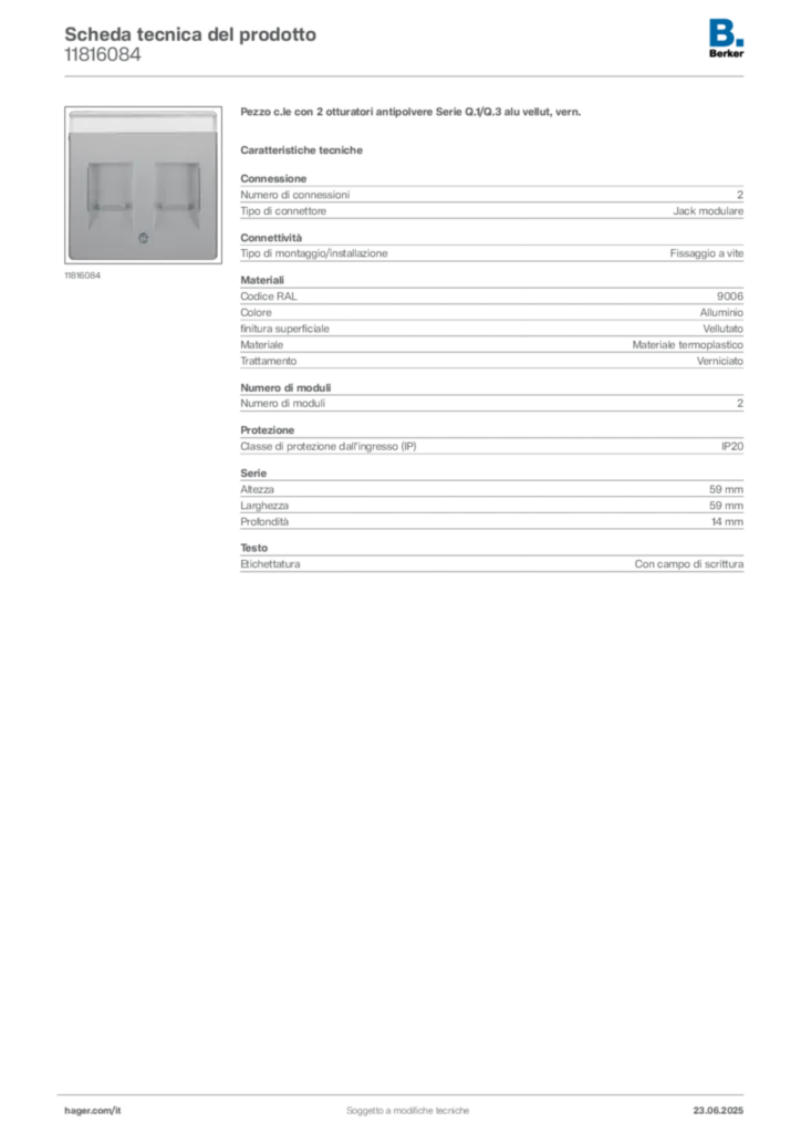 Immagine Berker Scheda tecnica del prodotto 11816084 | Hager Italia
