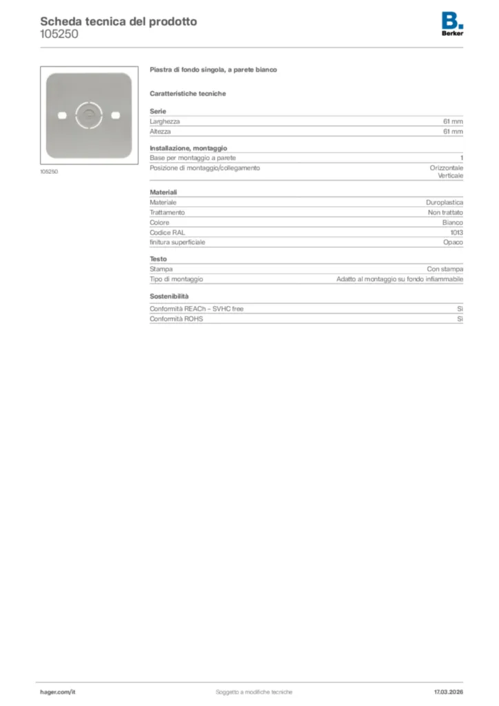 Immagine Berker Scheda tecnica del prodotto 105250 | Hager Italia