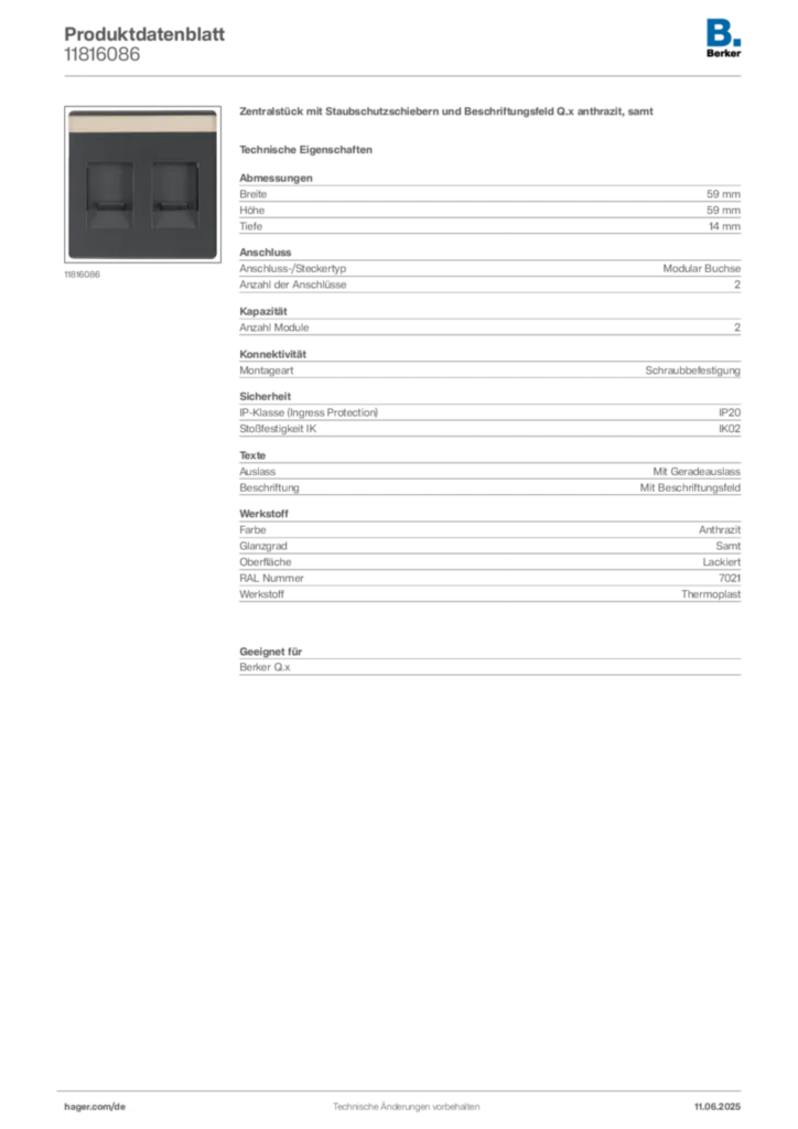 Bild Berker Produktdatenblatt 11816086 | Hager Deutschland
