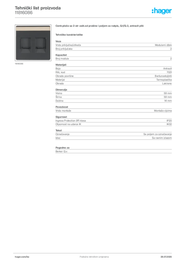 Slika Hager Product data sheet 11816086  | Hager