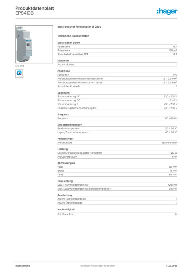 Bild Hager Produktdatenblatt EPS410B | Hager Deutschland