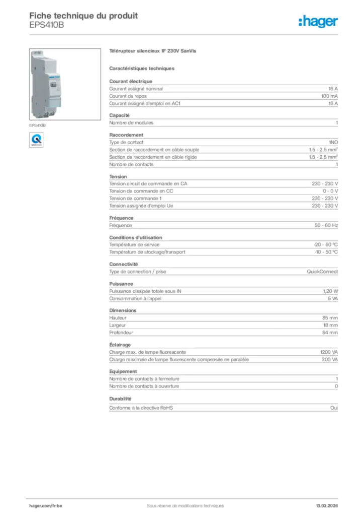 Image Hager Fiche technique du produit EPS410B | Hager Belgique